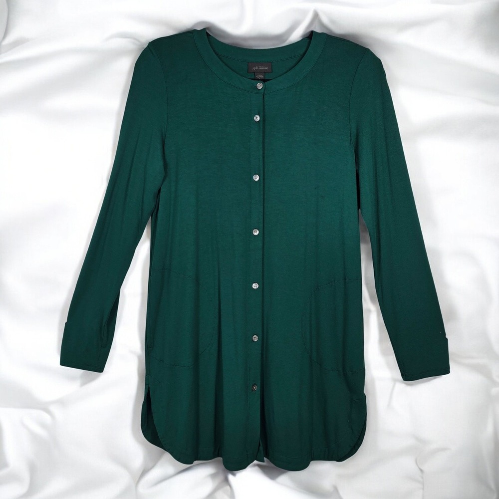 JJill Wearever Collection Tunic Top Women Small Green Button Front Long Sleeve